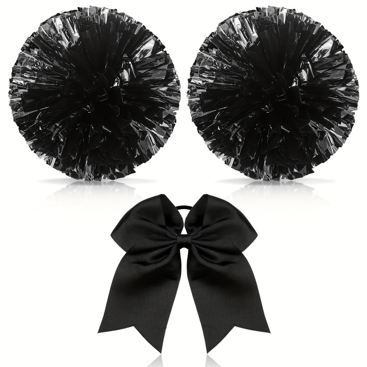 3pcs Cheer Pom Poms & Large Cheer Hair Bow Set - Metallic Accessory