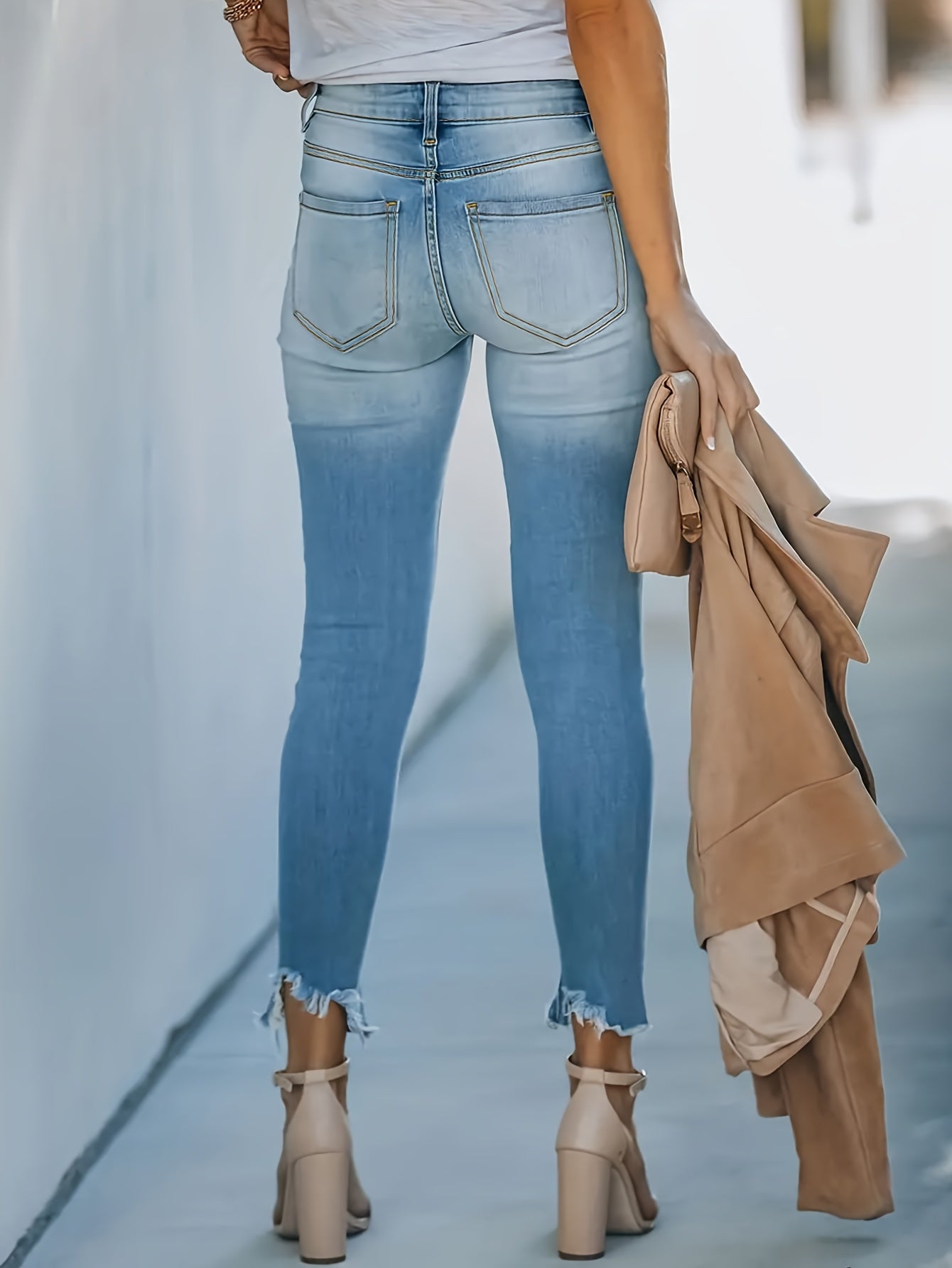  Washed Button Fly Ripped Fringe Trim High Stretch Jeans