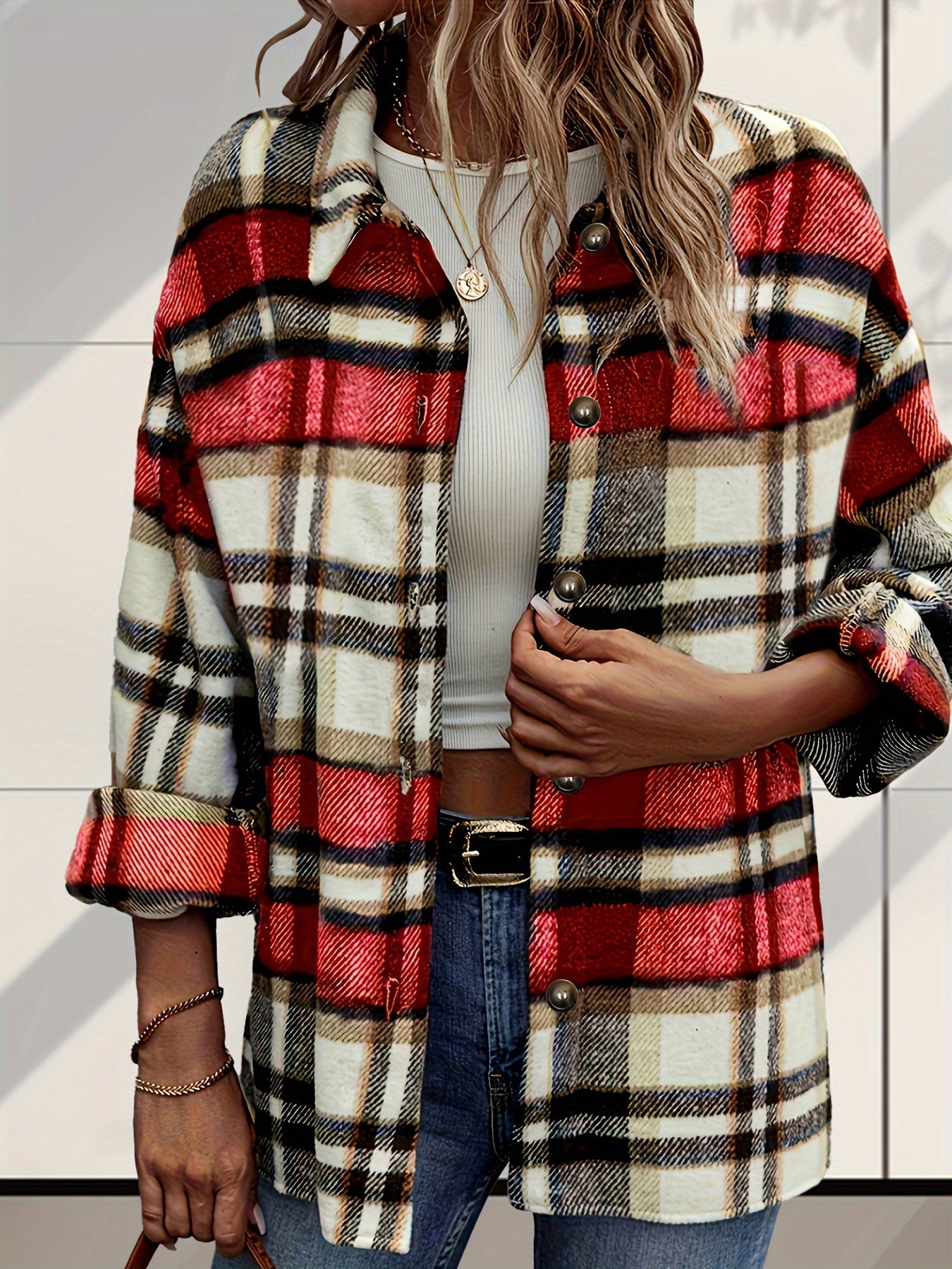  Plaid Long Sleeve Button Up Tunic Top