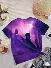 Dreamy Cat & Butterfly Graphic T-Shirt Girls Summer Clothes