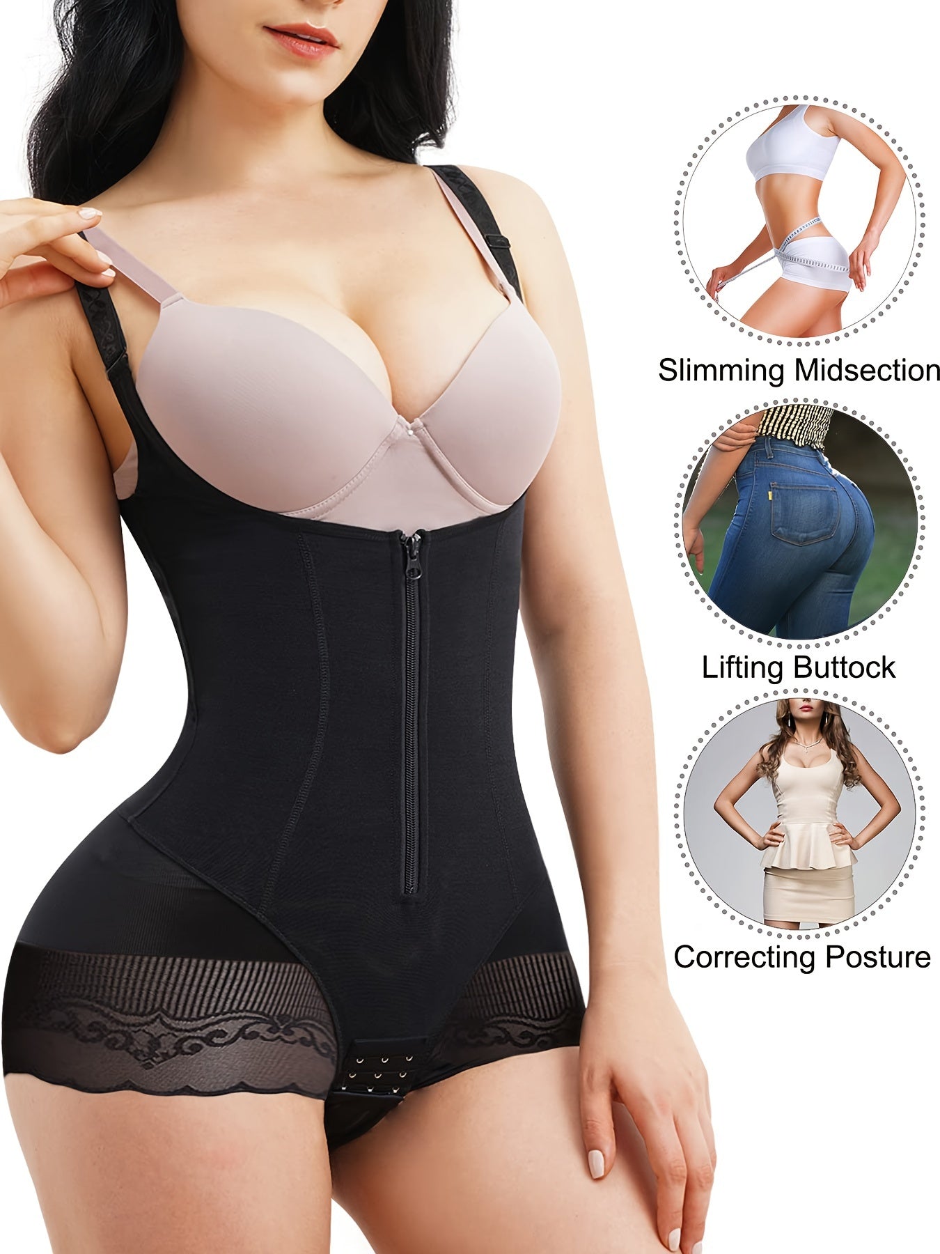 Lace Shaping Bodysuit Tummy Control Slimming Zip Up Body Shaper