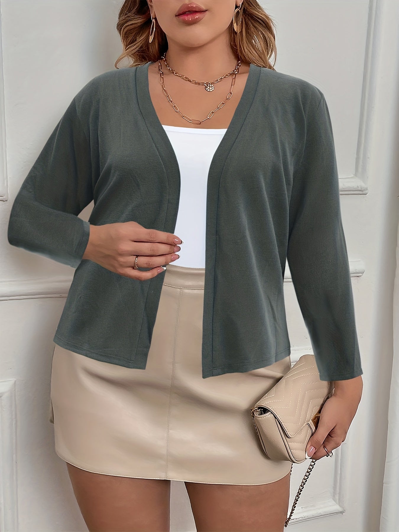  Solid Long Sleeve Open Front Cardigan