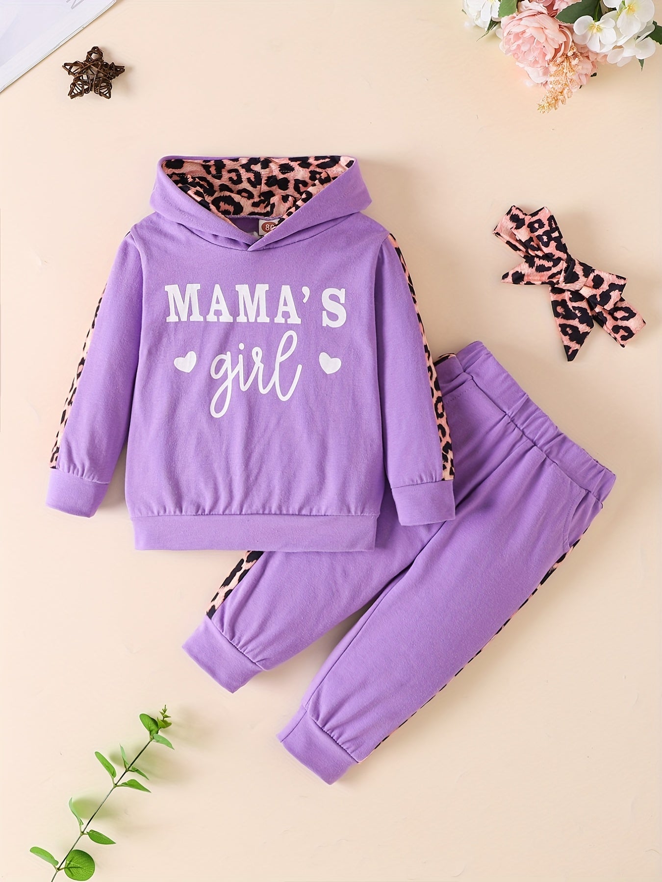 3pcs Baby Girls Hoodie Set Leopard Print Sweatshirt Pants Headband