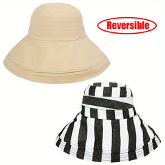 Khaki Reversible Striped Bucket Hat Women Large Brim Sun Visor Casual Cotton Cap