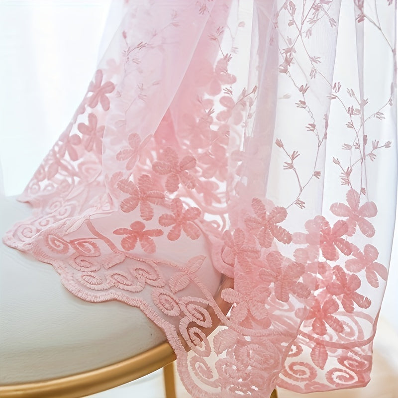 1pc Flower Embroidered Sheer Curtain French Vintage Voile Farmhouse Transparent
