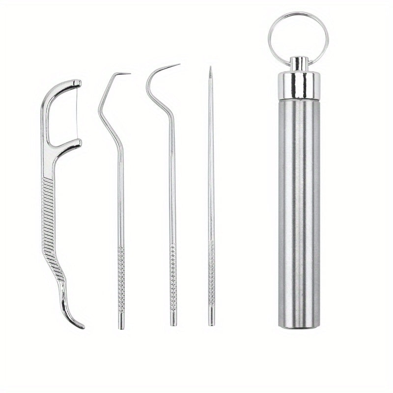 Stainless Steel Toothpick Set Dental Floss Tooth Remover Key Chain Cylinder