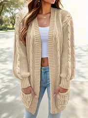 Ribbed Knit Open Front Cardigan with Pockets