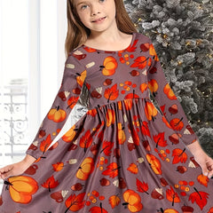 Girls Casual Autumn Flower Print Crew Neck Long Sleeve Dress