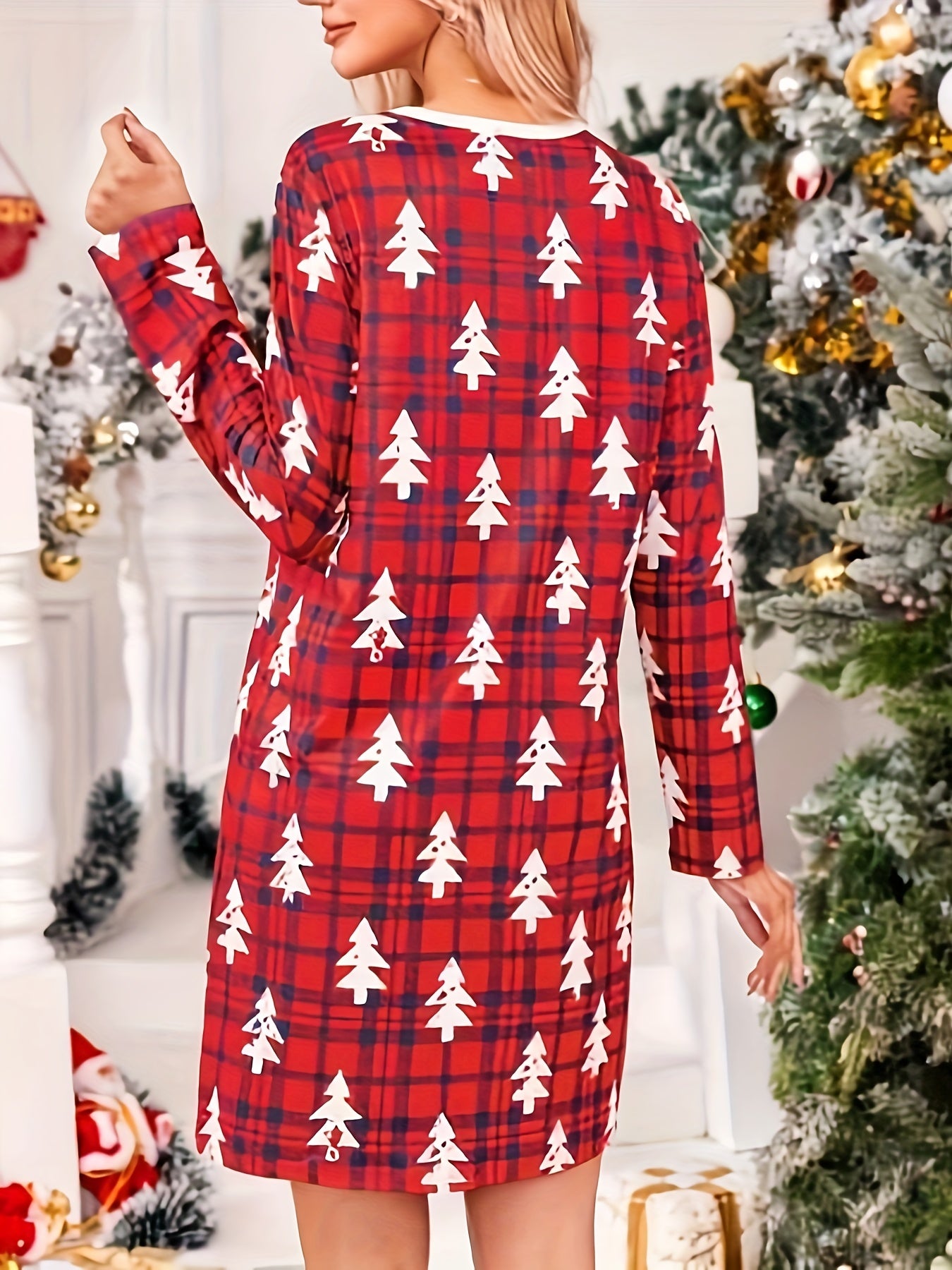  Christmas Tree Print Long Sleeve Round Neck Tee Nightdress