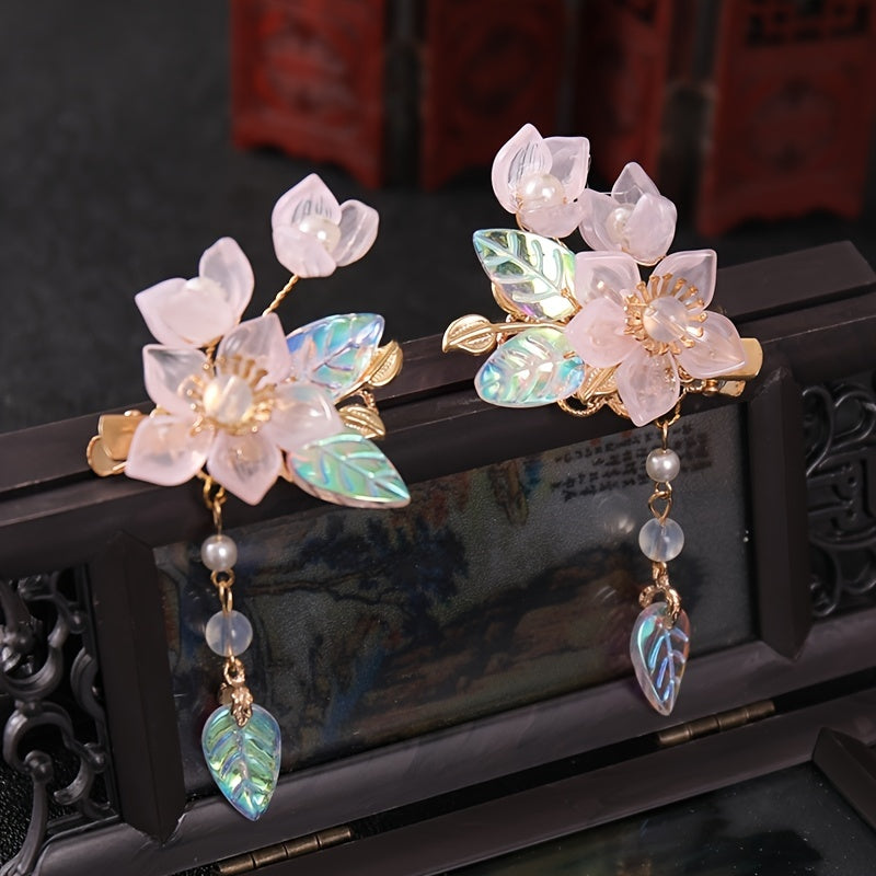 Hanfu Headdress Hairpin Flowers Leaves Faux Pearl Tassels Ancient Style