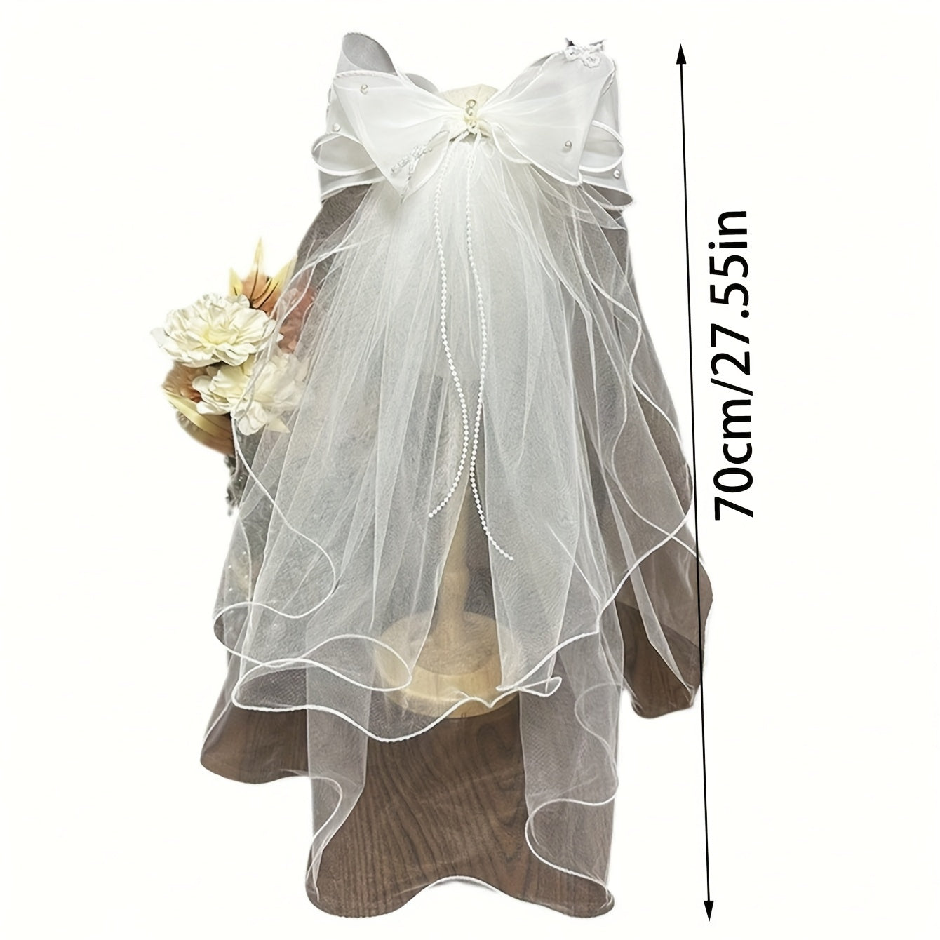 Double Layer Bowknot Bridal Veil with Pearls Wave Edge