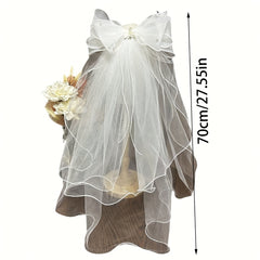Double Layer Bowknot Bridal Veil with Pearls Wave Edge