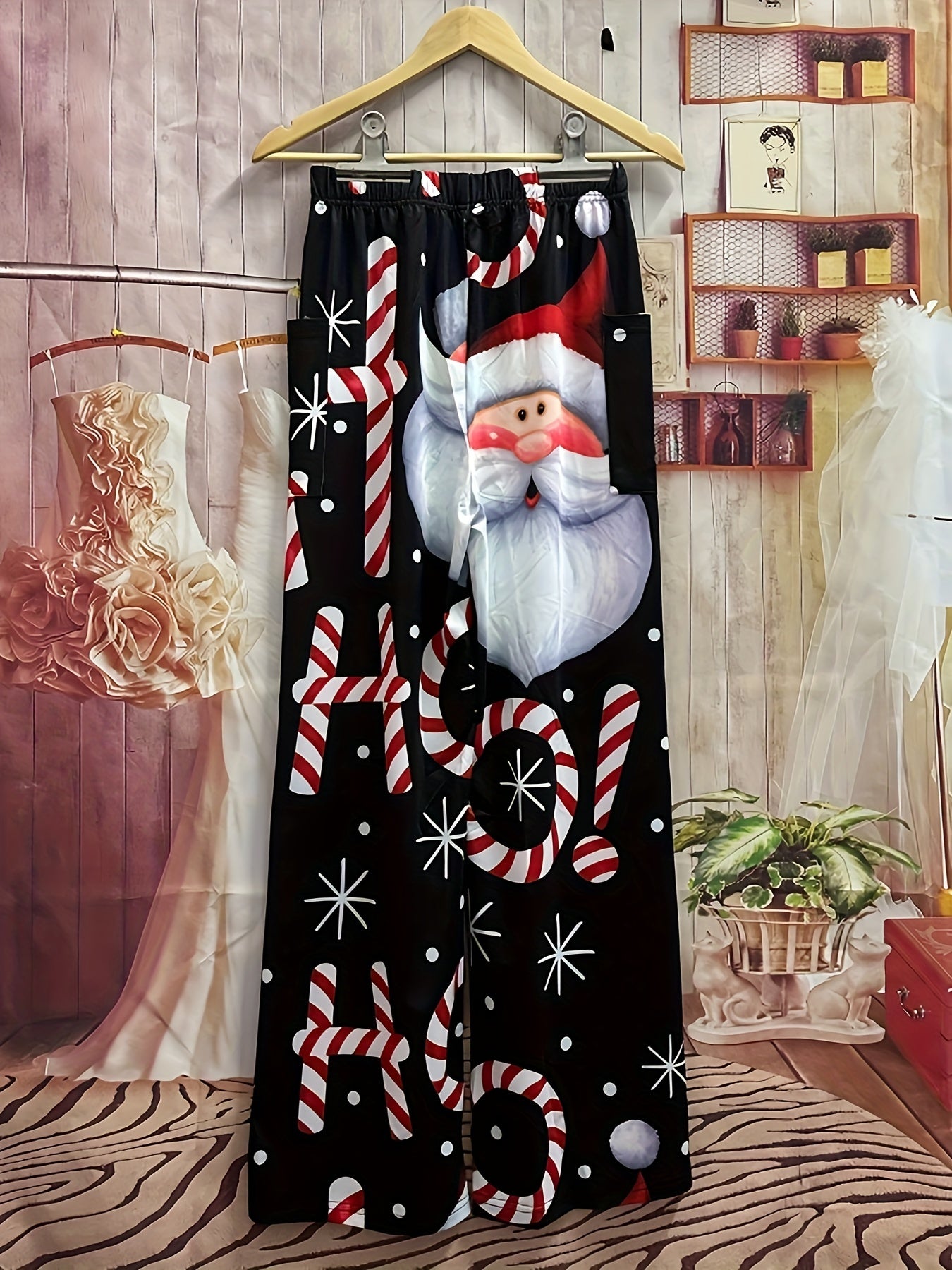  Santa & Snowflake Print Wide Leg Pants