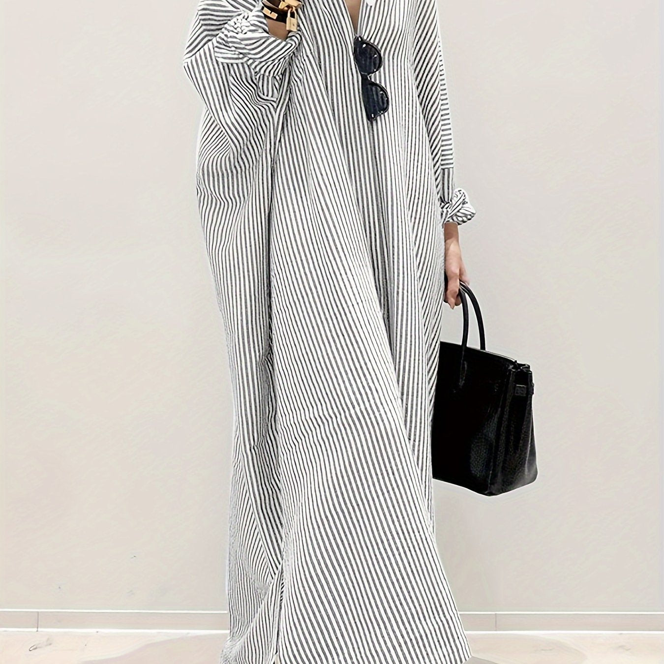  Stripe Print Button Up Long Sleeve Maxi Shirt Dress
