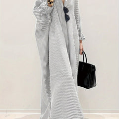  Stripe Print Button Up Long Sleeve Maxi Shirt Dress