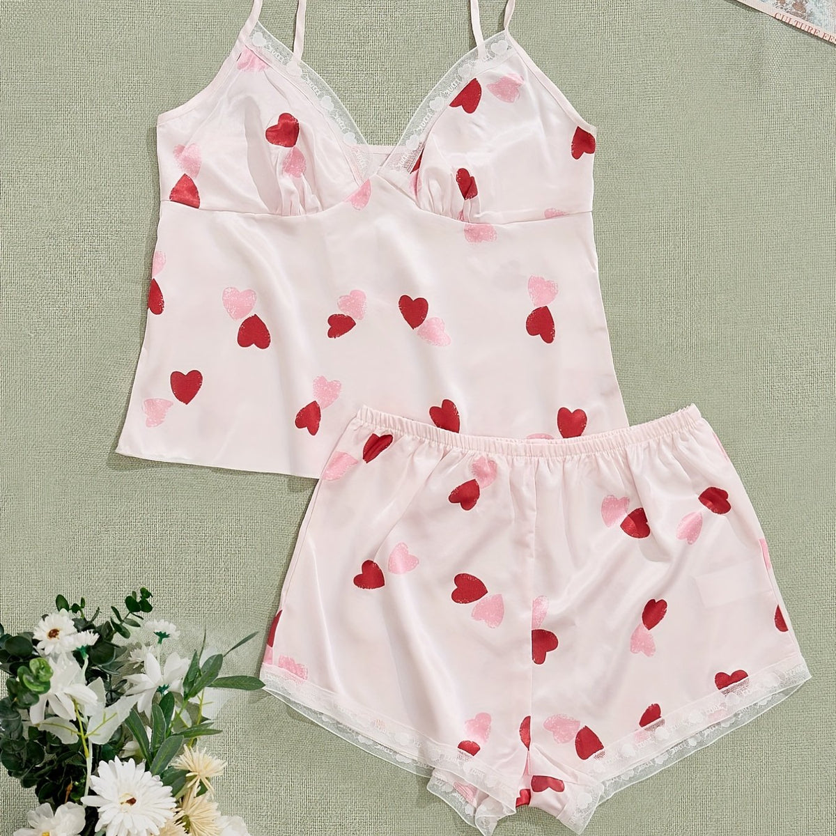 Heart Print Pajama Set V Neck Cami Top & Lace Trim Shorts Women's Sleepwear