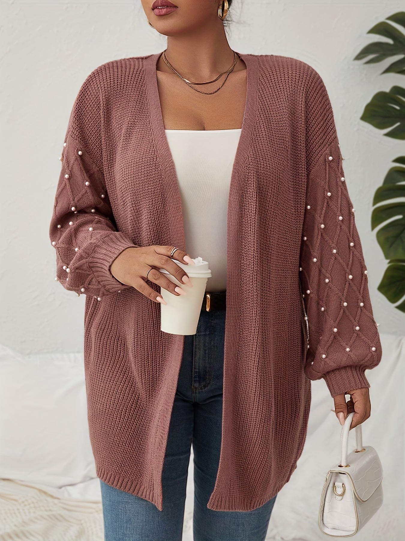  Solid Jacquard Faux Pearl Decor Lantern Sleeve Cardigan