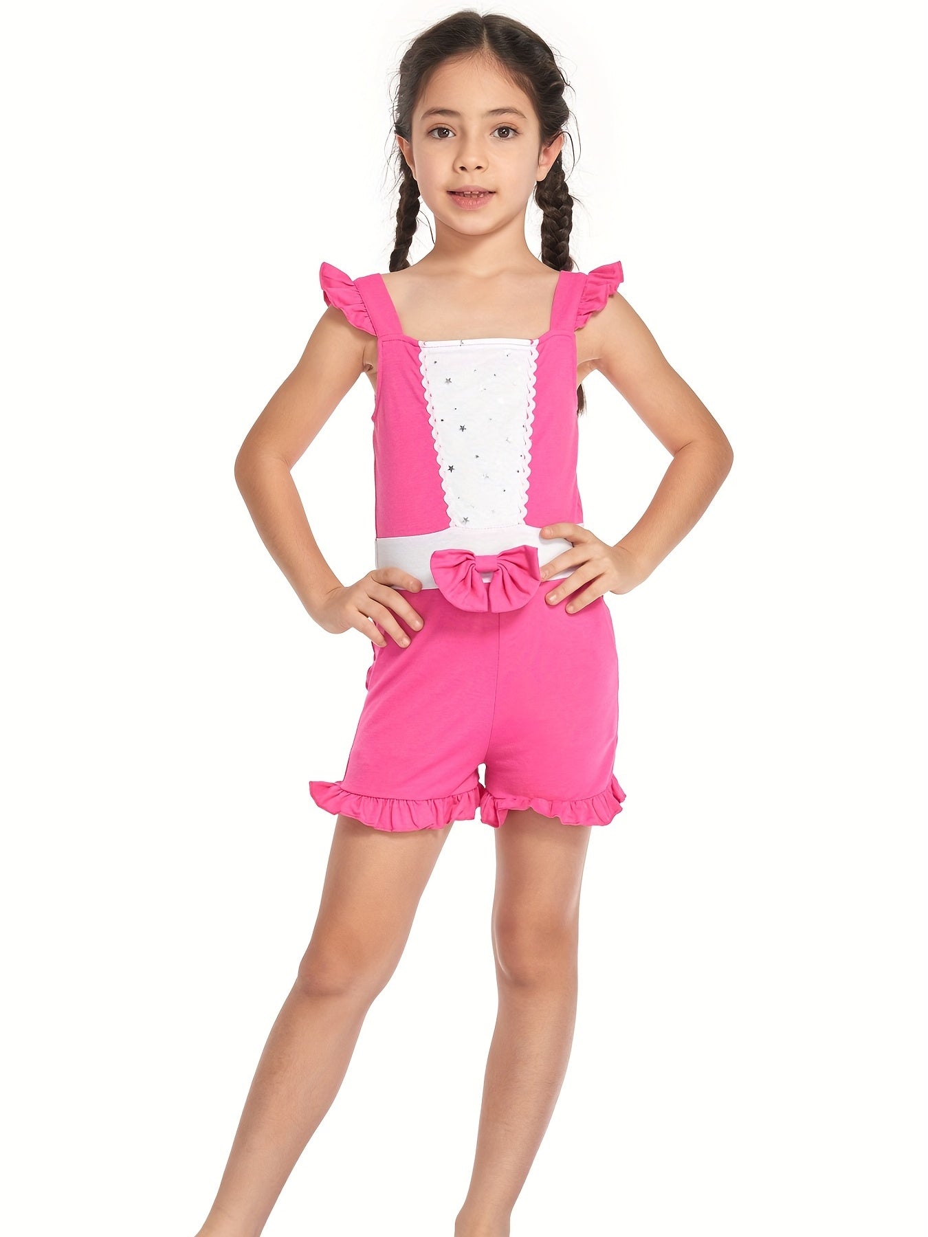 Girls Princess Ruffle Sleeve Jumpsuit With Bow Romper