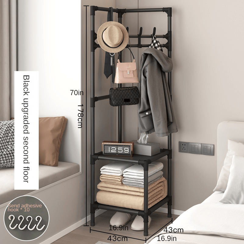 Triangle Corner Coat Rack with 2 Storage Shelves & Hooks