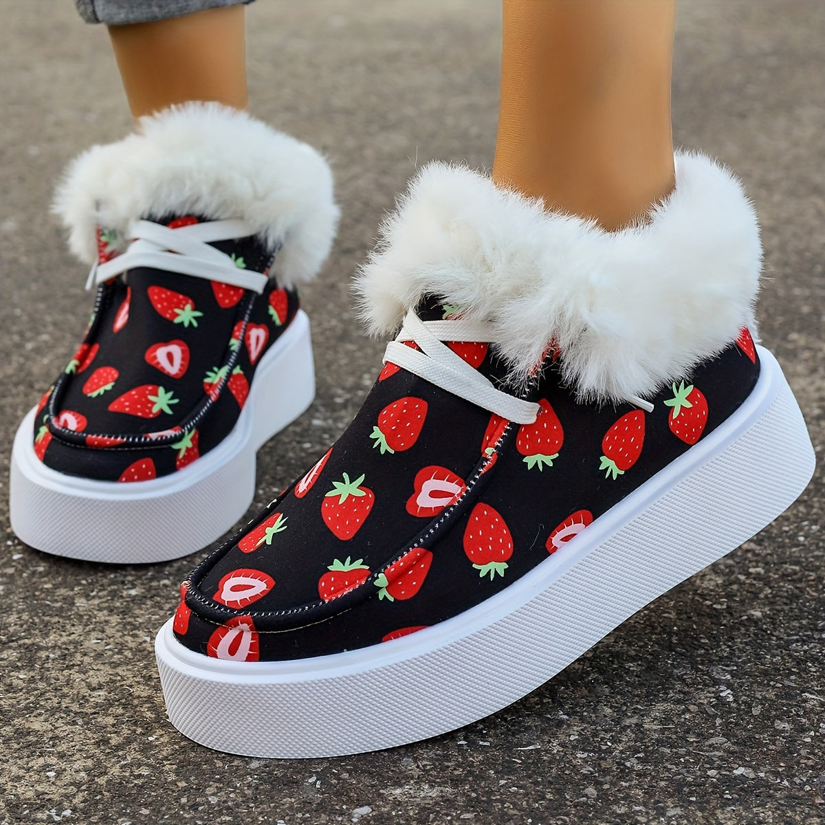Women's Strawberry Print Warm Sneakers Low Top Sport Shoes
