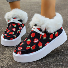 Women's Strawberry Print Warm Sneakers Low Top Sport Shoes