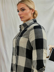  Gingham Print Button Up Long Sleeve Blouse