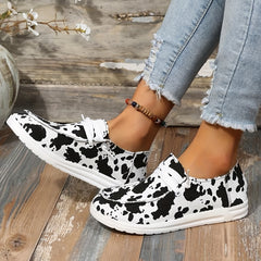 Women's Cow Pattern Canvas Shoes Casual Low Top Lace Up Slip On Walking Shoes