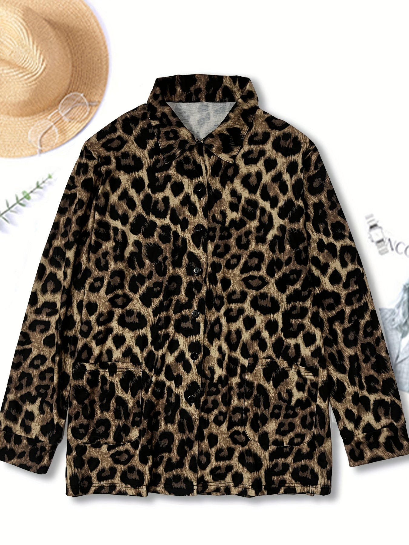  Leopard Print Button Up Blouse & Wide Leg Pants Set
