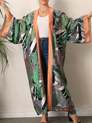  Boho Kimono Tropical Print Long Sleeve Beach Cover Up