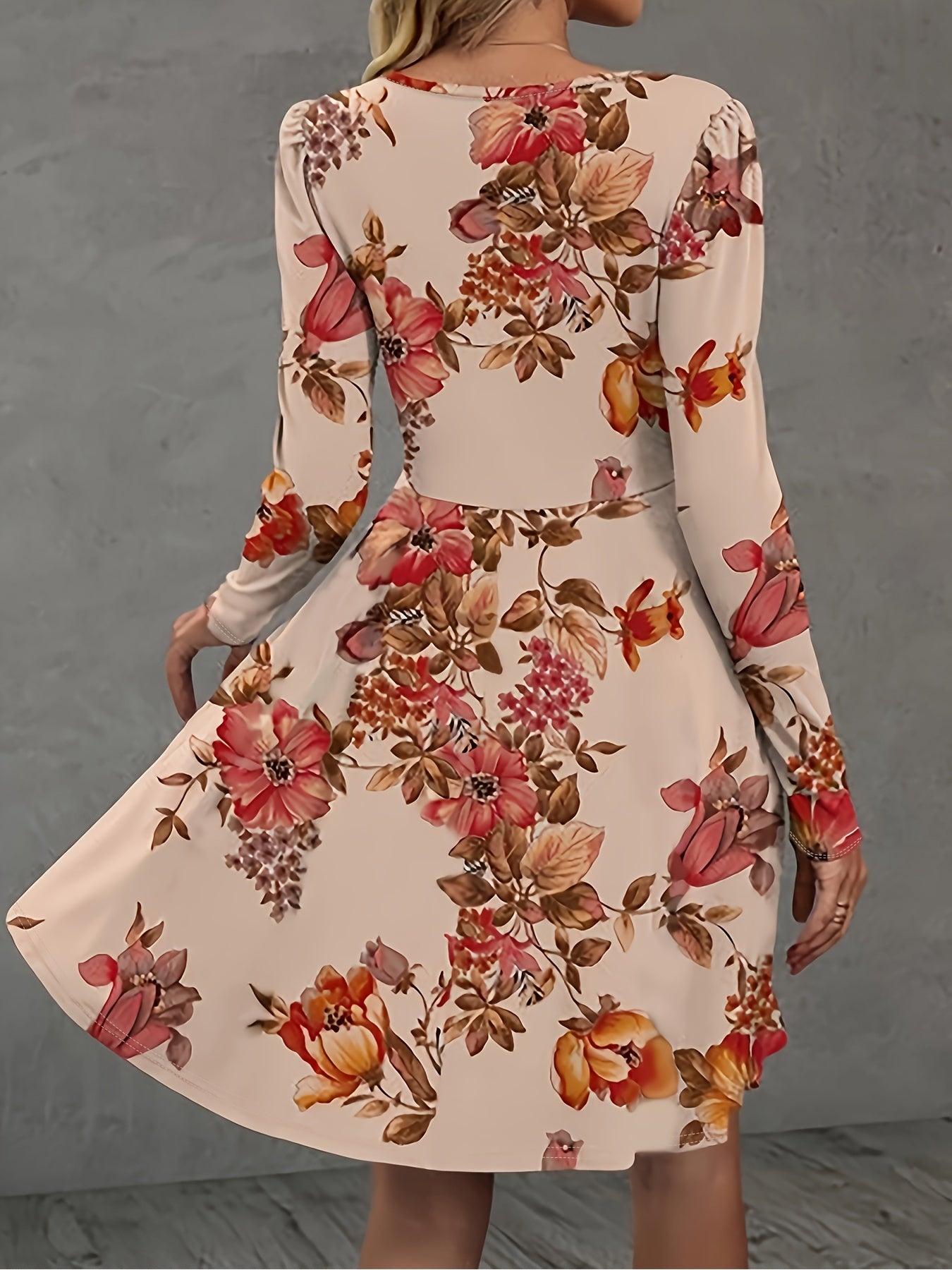  Casual Dress Women's Plus Floral Print Long Sleeve Round Neck