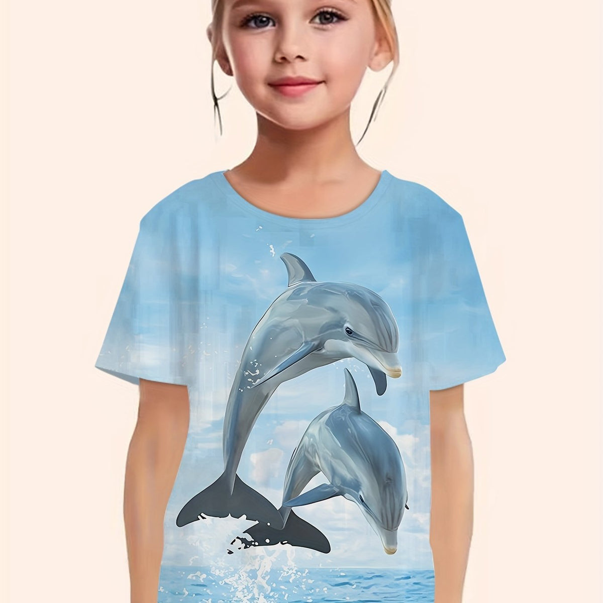 Girls Dolphin Print Short Sleeve T-shirt - Summer Sports Pullover