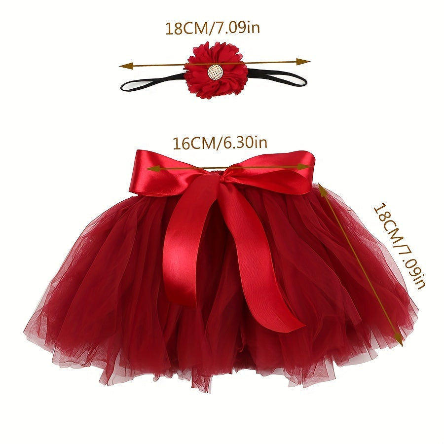 2pcs Newborn Baby Flower Headband and Skirt Set Red