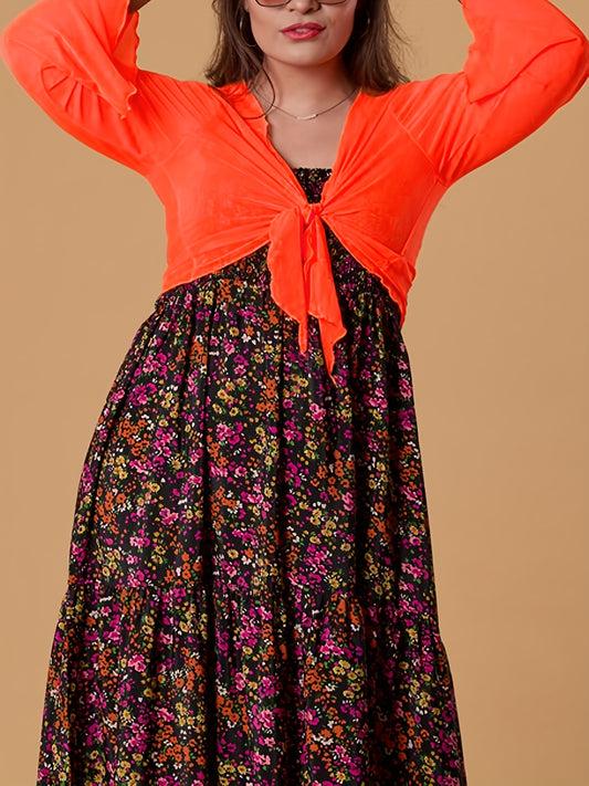 Solid Mesh Knot Front Bell Sleeve Cardigan Plus Size Semi-Sheer Top