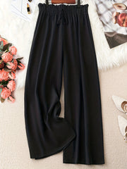 Women's Plus Solid Ruffle Trim Drawstring Elastic Wide Leg Trousers