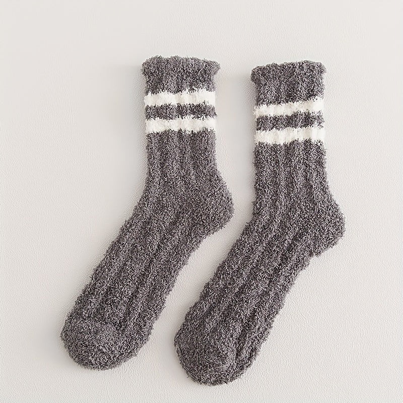 4 Pairs Striped Fuzzy Socks Warm Mid Tube Stockings Women's Hosiery