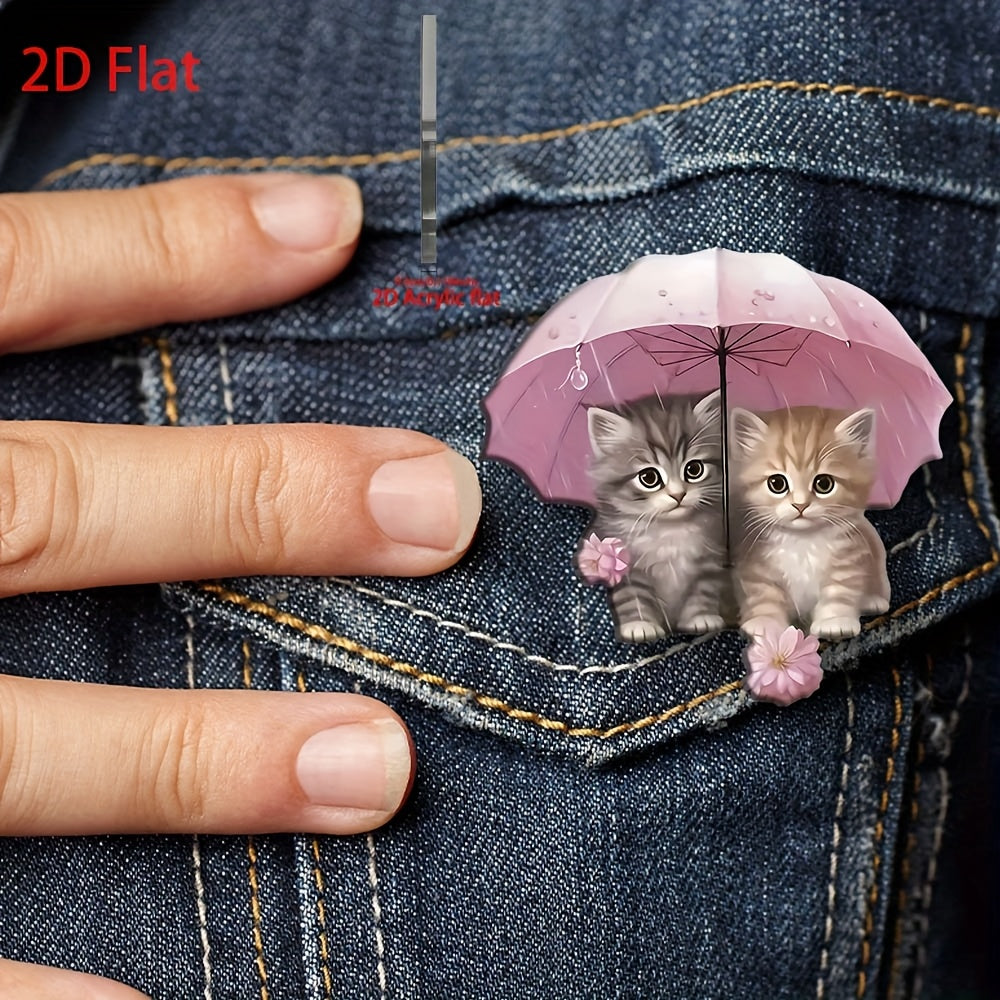 Charming Acrylic Cat Brooch with Umbrella Adorable Kitten Pins