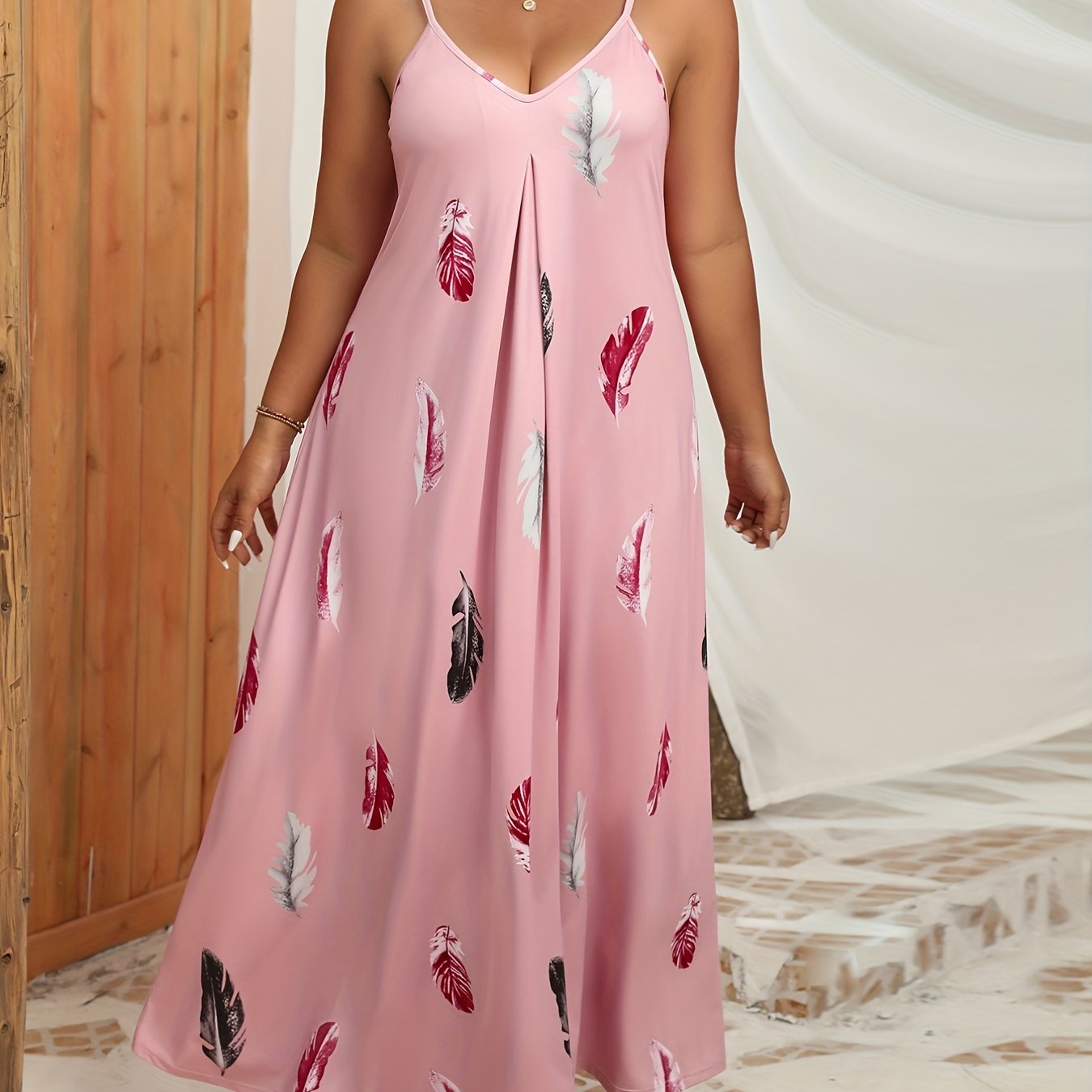  Feather Print V Neck Stretch Maxi Dress