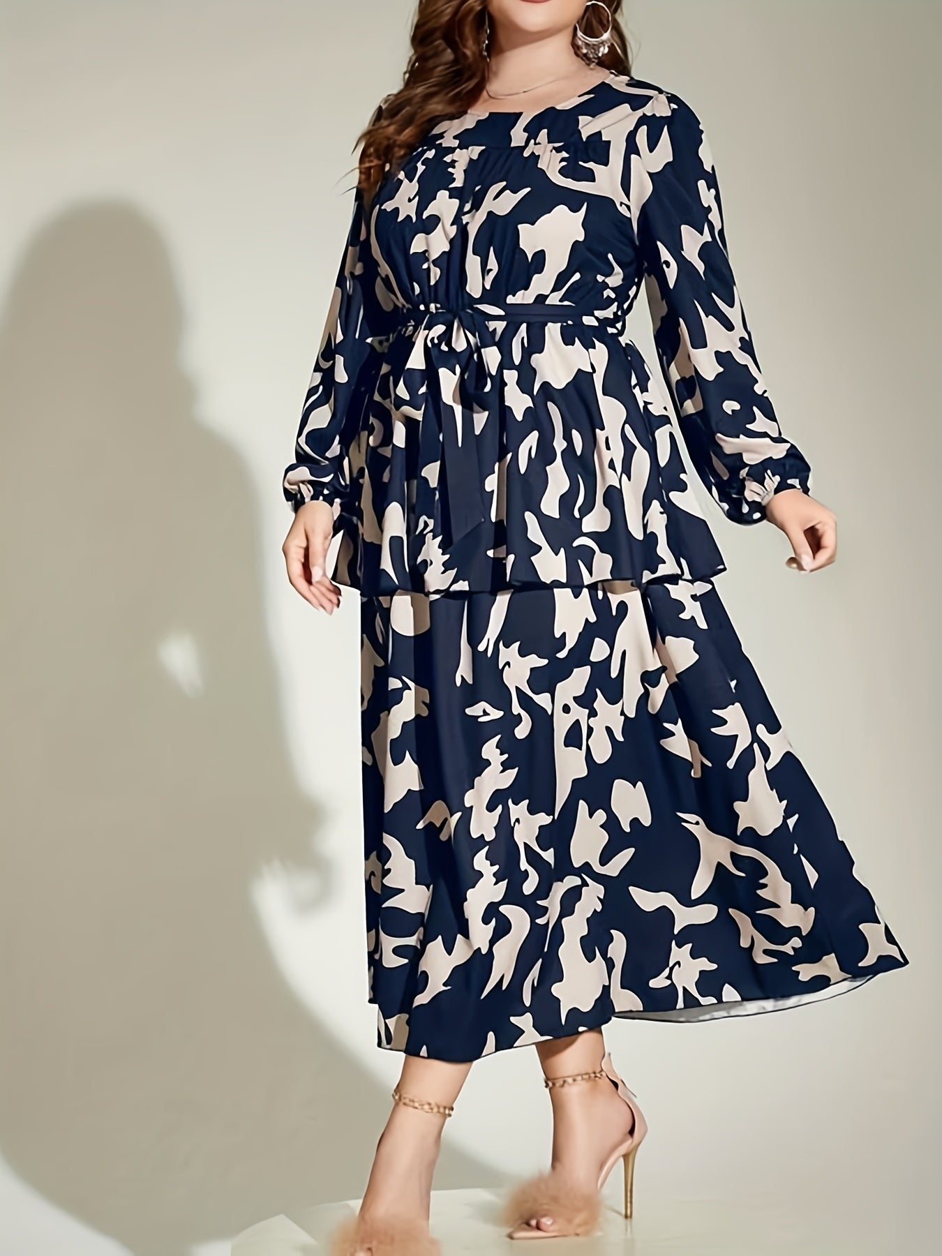 Casual Lantern Sleeve Layered Dress With Belt
