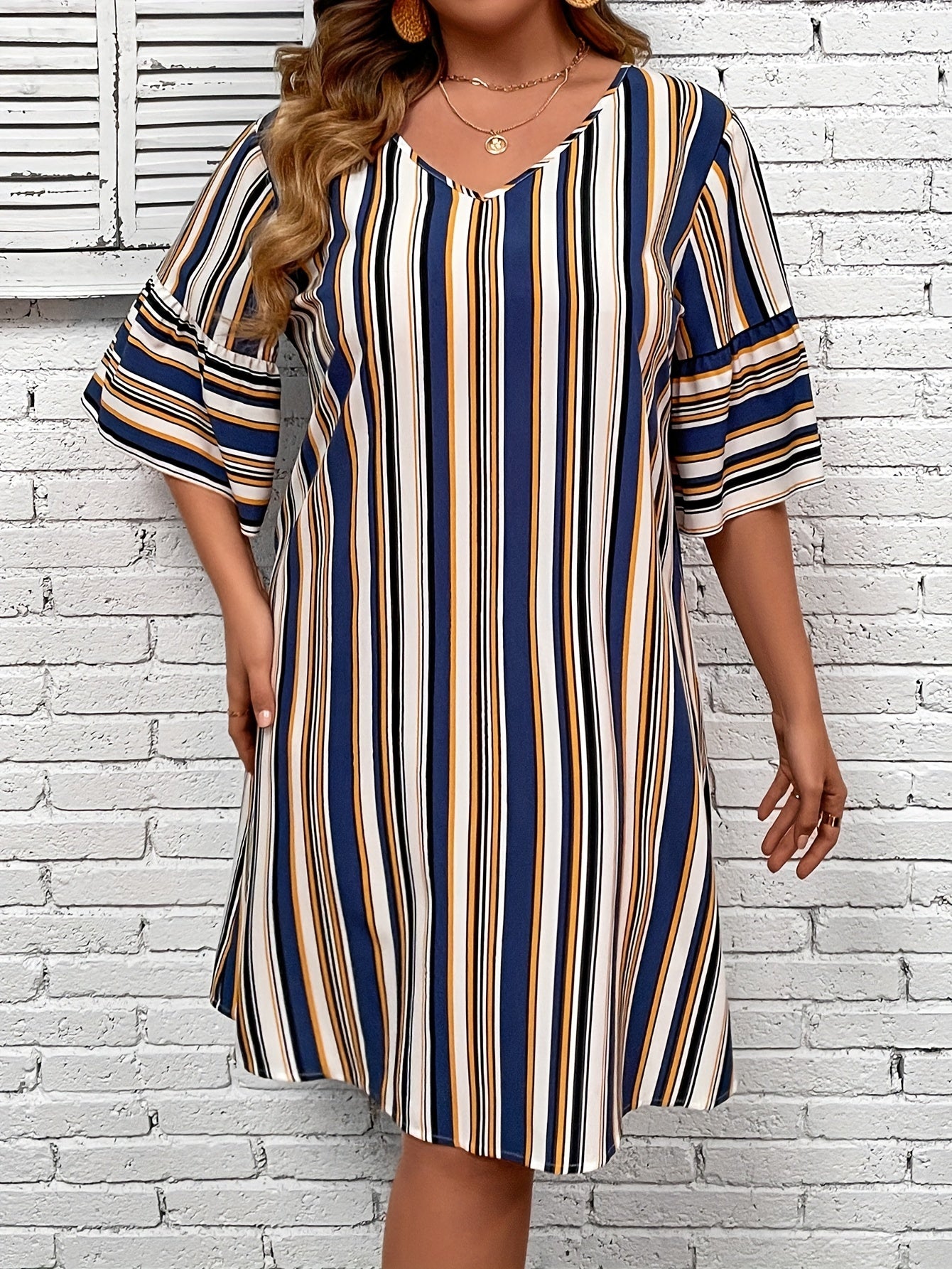  Stripe Print Half Sleeve Loose Fit Mini Dress