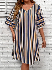  Stripe Print Half Sleeve Loose Fit Mini Dress