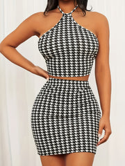 Houndstooth Print Two piece Set Backless Halter Top & Bag Hip Mini Skirts