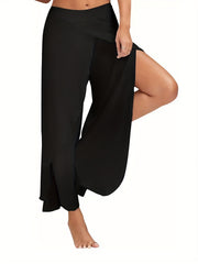 Wide Leg Split Pants Elastic Waist Casual Style
