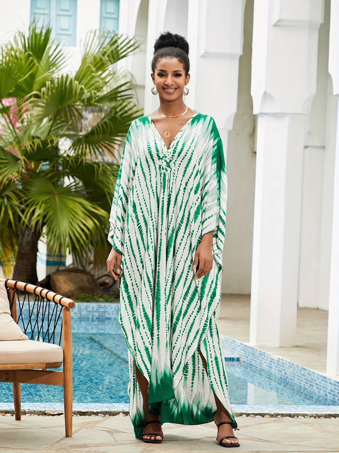  Boho Kaftan Dress Tie Dye Striped Print V Neck Maxi Beach Dress