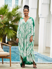  Boho Kaftan Dress Tie Dye Striped Print V Neck Maxi Beach Dress