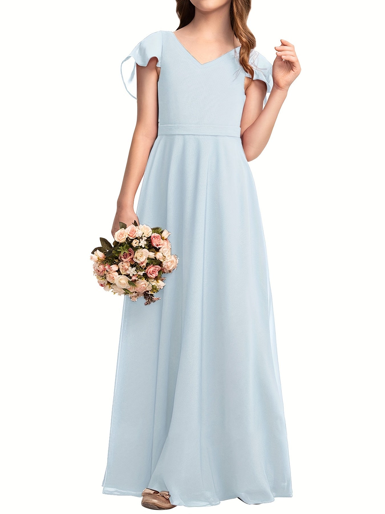 Girls Flounce Sleeve V Neck Bridesmaid Dress For Wedding