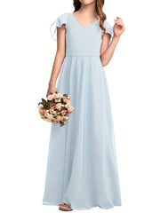 Girls Flounce Sleeve V Neck Bridesmaid Dress For Wedding