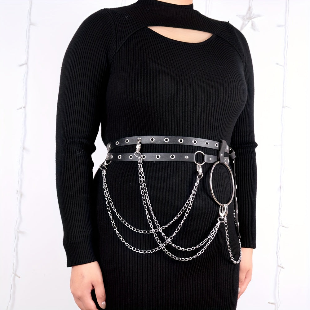  Chain Fringe Harness Belt Double Layer PU Leather Waistband