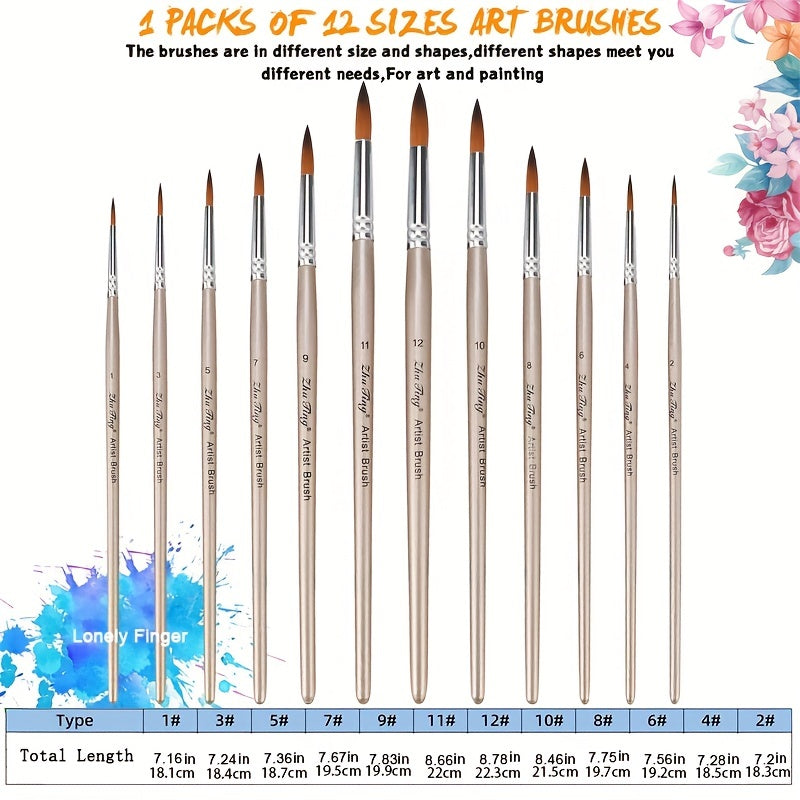 12pcs Professional Paint Brushes Set Round Pointed Tip Nylon Hair