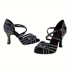 Latin Dance Shoes Cowhide Rhinestone Heeled Sandals