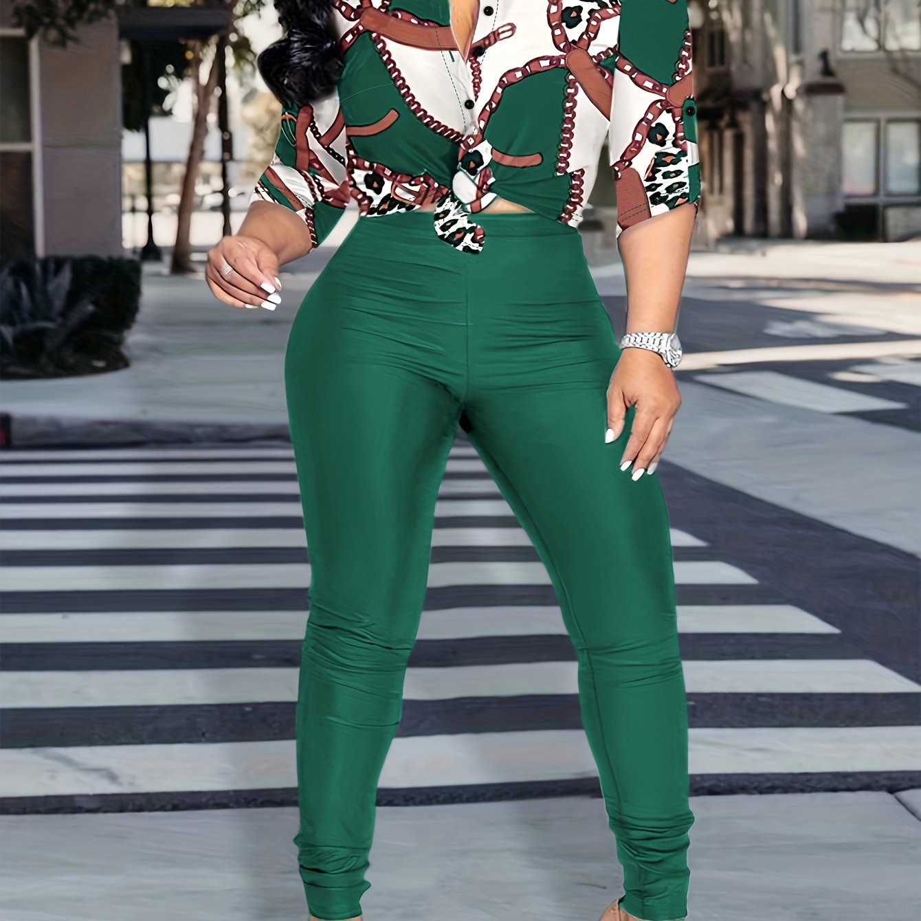 Women's Plus Chain Print Shirt & Leggings Two Piece Set